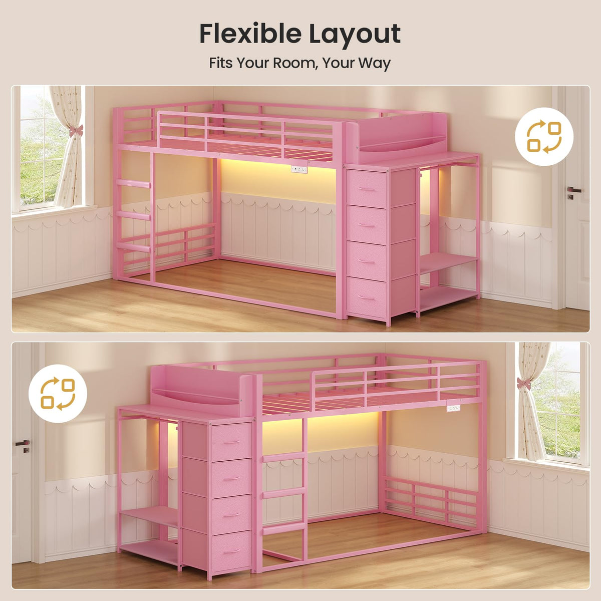 Pink Twin Over Twin Bunk Bed with Bookshelf & Storage Drawer C876