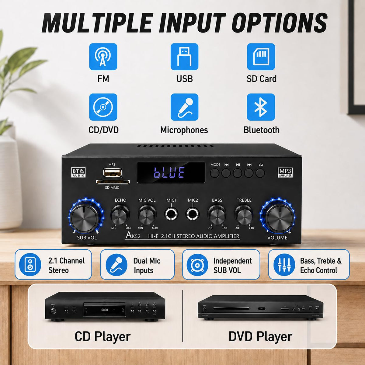 Bluetooth 5.0 2.1 Channel 400W Stereo Amplifier C5966