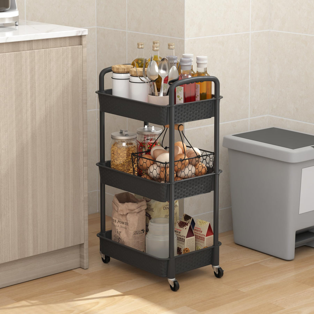 3-Tier Plastic Rolling Utility Cart with Handle H60664