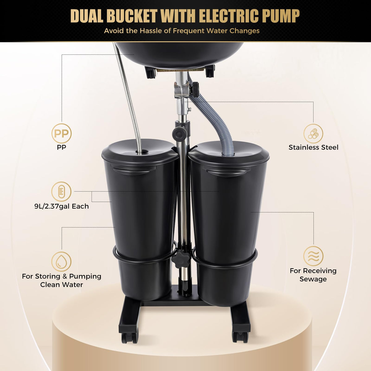 Portable Shampoo Bowl with Electric Pump, 2 Bucket Height Adjustable Z64600