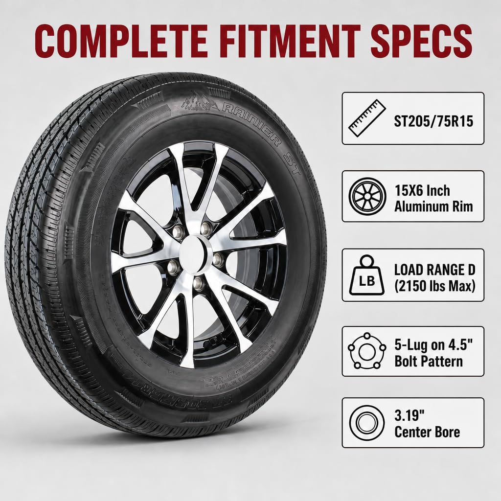 2-Pack Radial Trailer Tire Rim Assembly ST205/75R15 5 Lug Black X51403