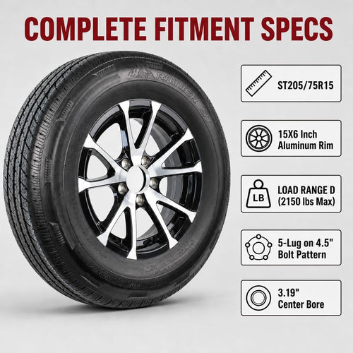 2-Pack Radial Trailer Tire Rim Assembly ST205/75R15 5 Lug Black X51403