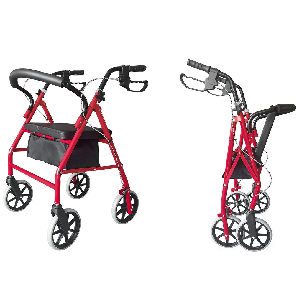 Heavy Duty Upright Rollator Walker with Padded Seat, Backrest, Height Adjustable Black & Red Y267651