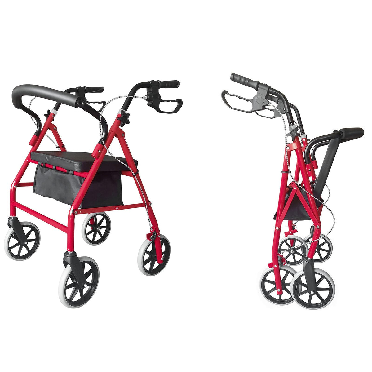 Heavy Duty Upright Rollator Walker with Padded Seat, Backrest, Height Adjustable Black & Red Y267651