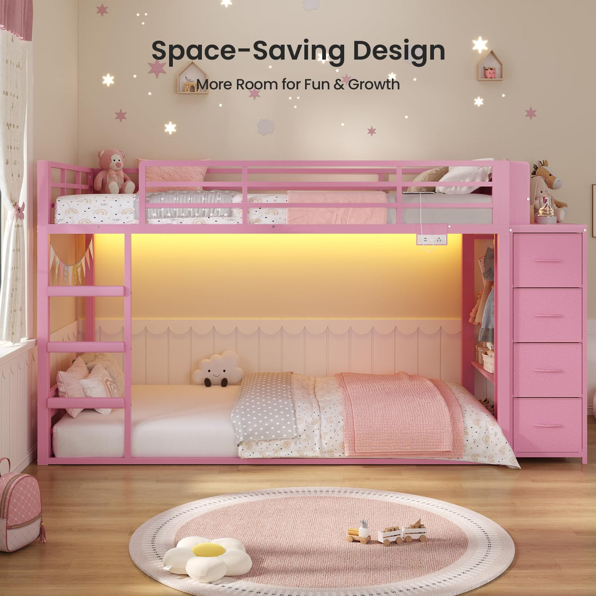 Pink Twin Over Twin Bunk Bed with Bookshelf & Storage Drawer C876