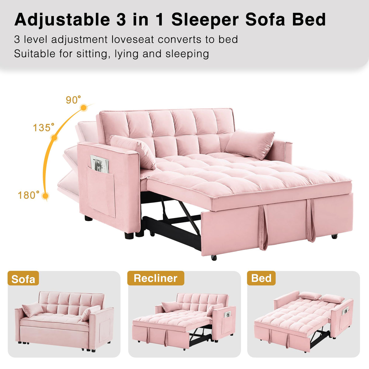 3 in 1 Convertible Sleeper Sofa Bed Velvet Pink M88475