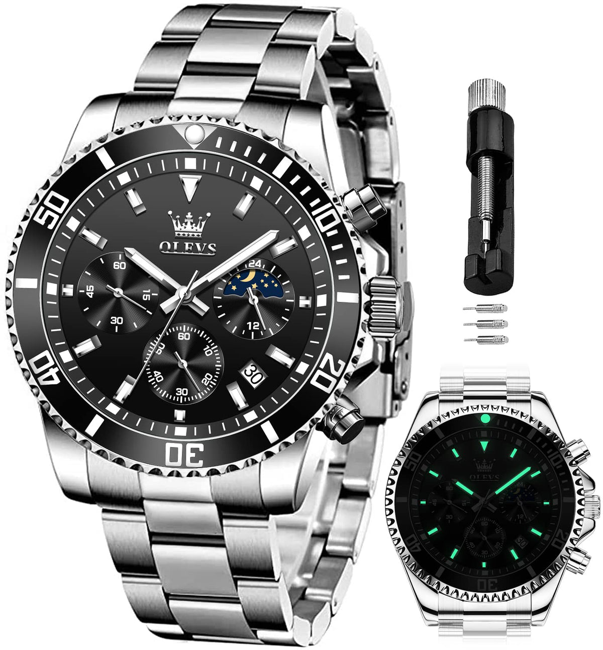 Chronograph Moon Phase Stainless Steel Wrist Watch J909