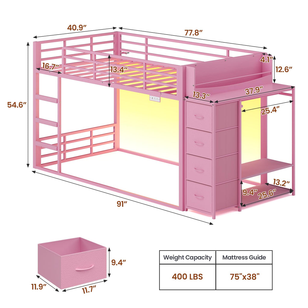 Pink Twin Over Twin Bunk Bed with Bookshelf & Storage Drawer C876