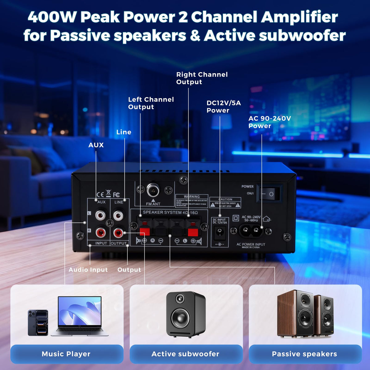 2 Channel 400W Bluetooth Stereo Audio Amplifier L243