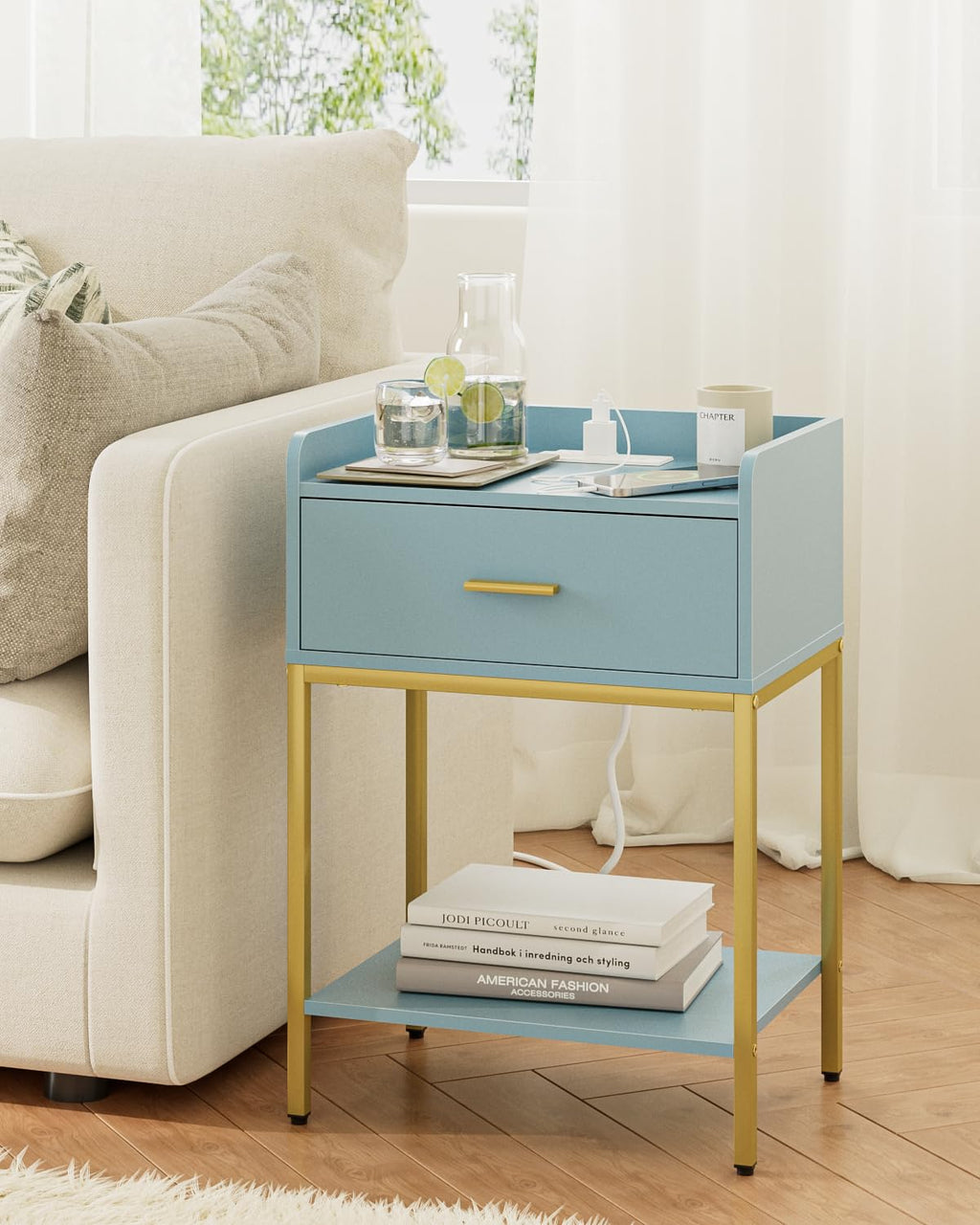 Gold and Blue 3-Tier Nightstand with Charging Station A19381