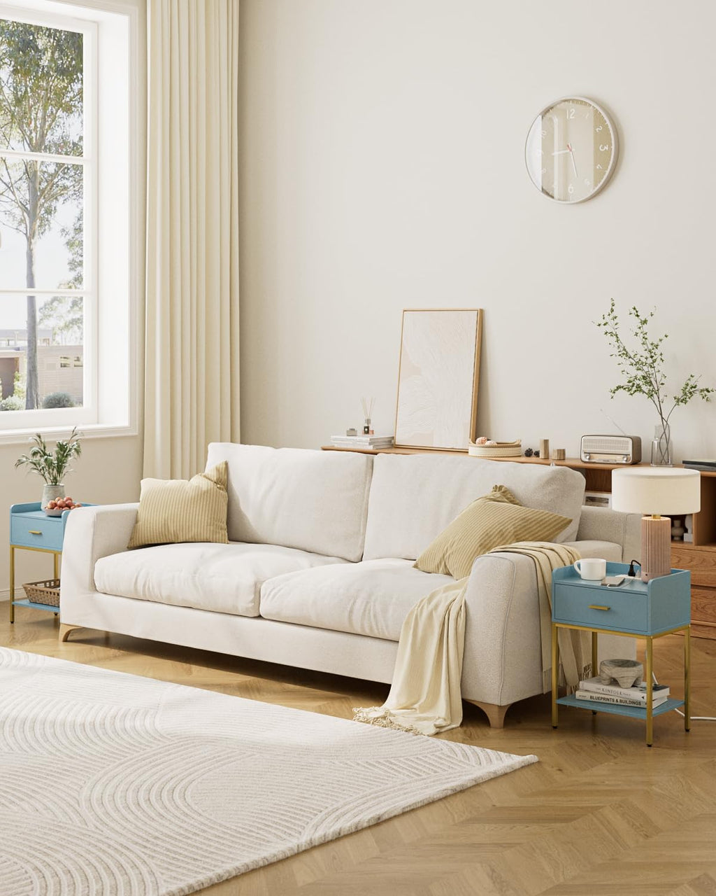 Gold and Blue 3-Tier Nightstand with Charging Station A19381