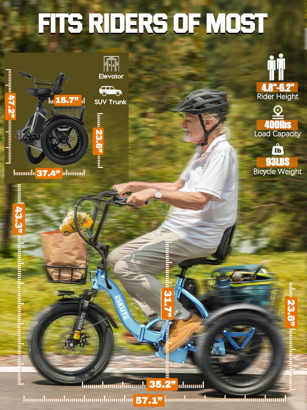 Folding 1200W Fat Tire Electric Trike with Removable Battery S7772