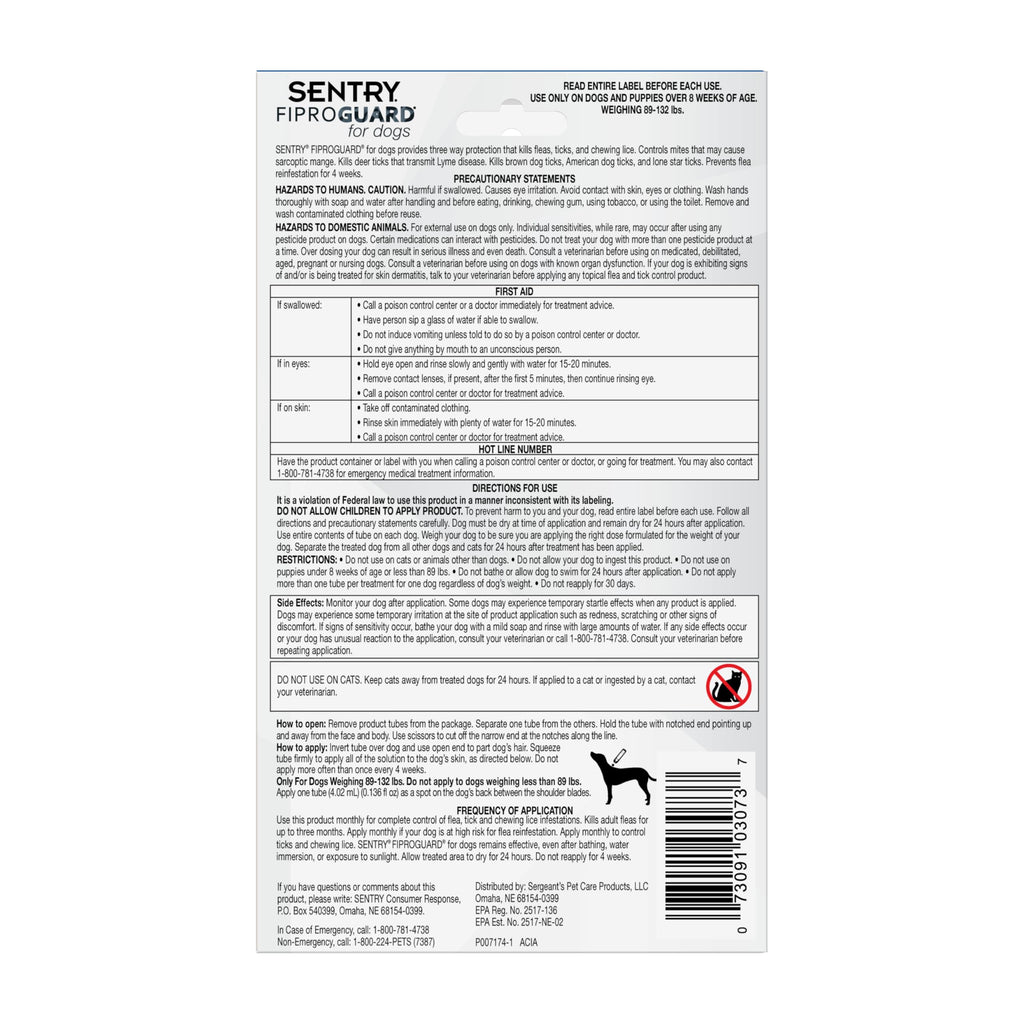 Flea & Tick Dogs 89-132 lbs Fipronil 6-Month Q399