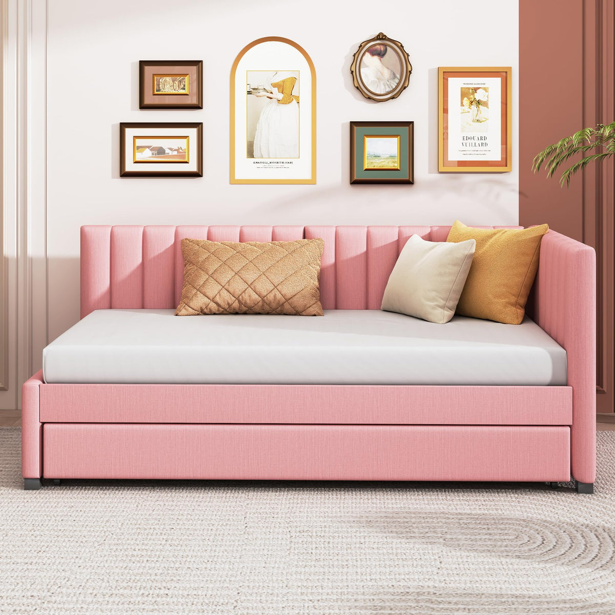 Twin Size Linen Upholstered Daybed with Trundle G961425