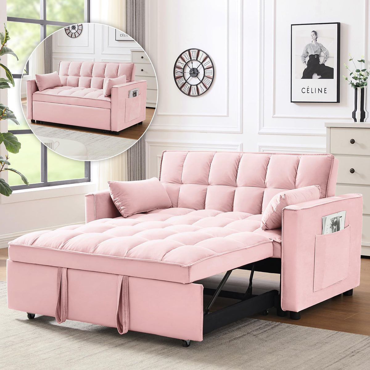 3 in 1 Convertible Sleeper Sofa Bed Velvet Pink M88475