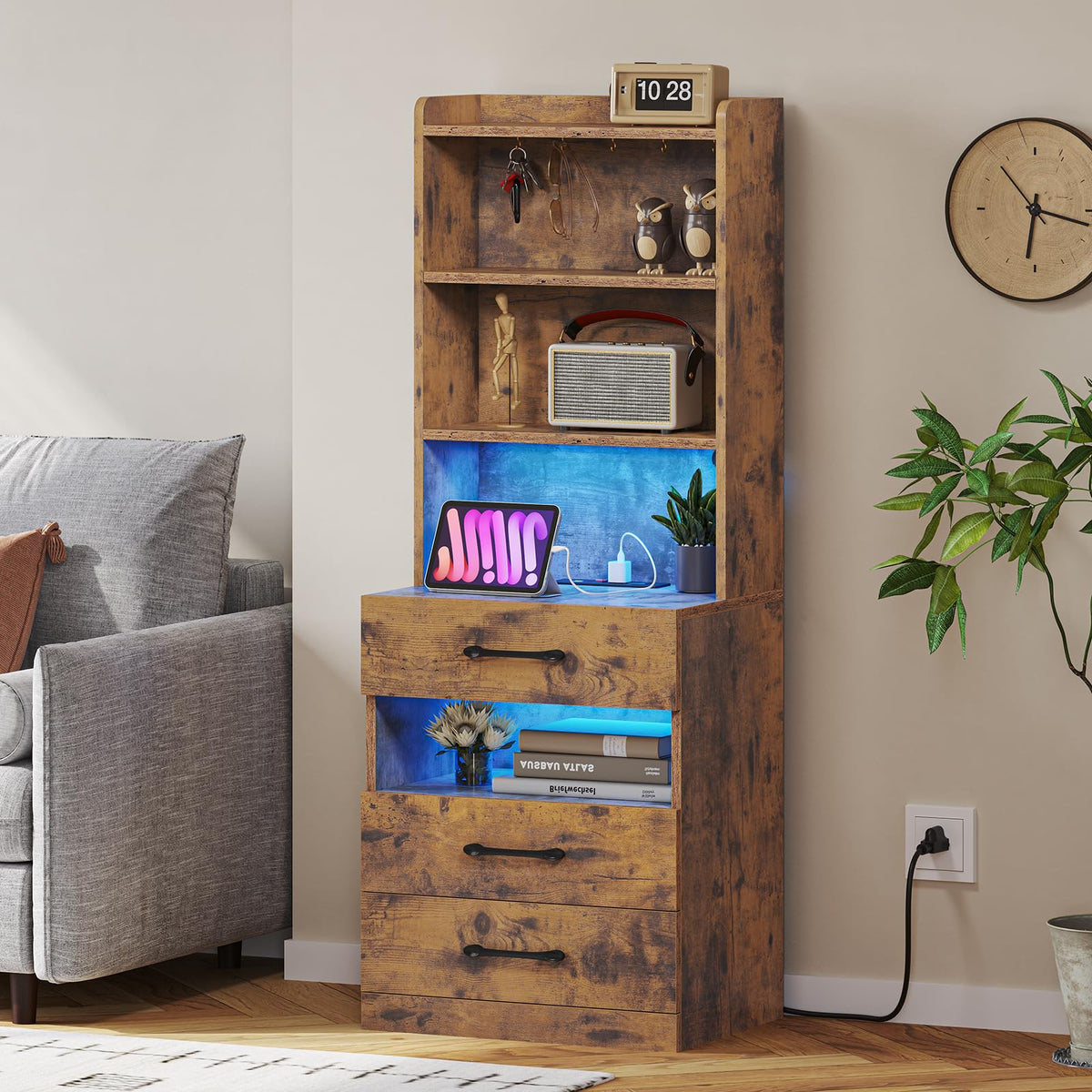 Rustic Brown Nightstand with Charging Station and LED Lights P25957