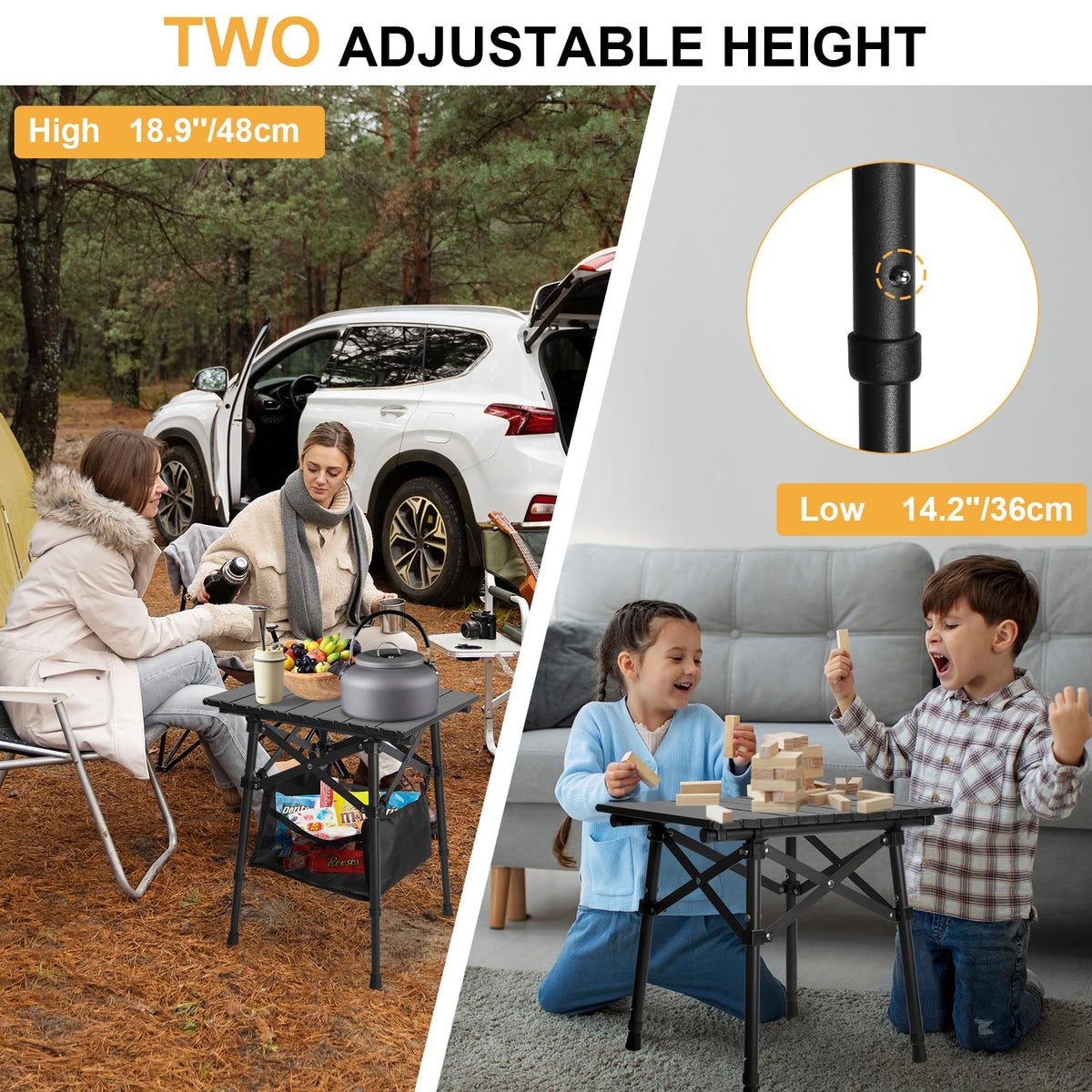 Folding Camping Side Table, Adjustable Height L356