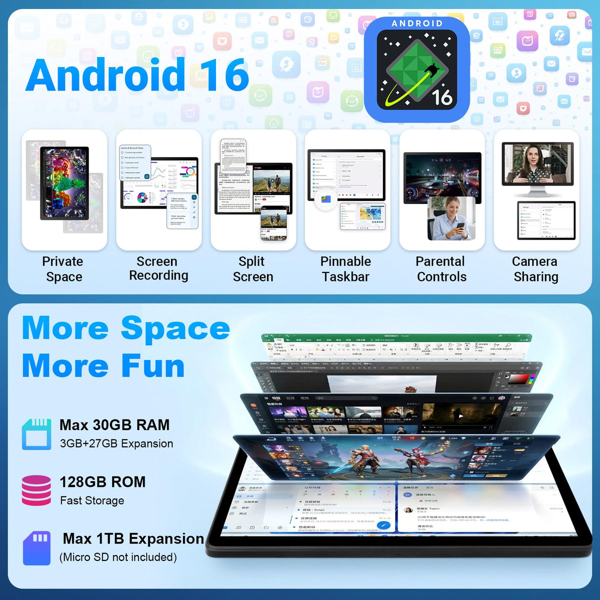 11 Inch 2 in 1 Android 16 Tablet with Keyboard Mouse Pen Case H14673