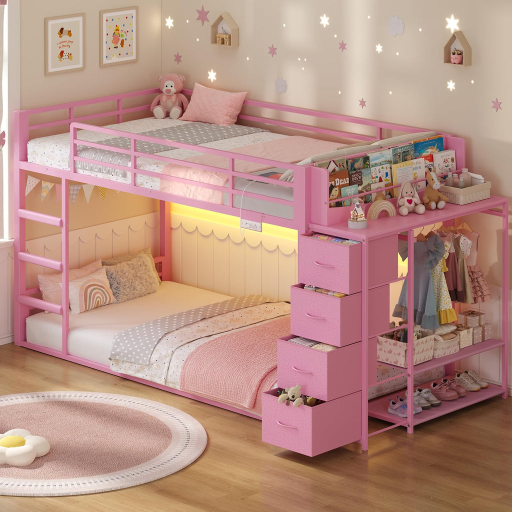 Pink Twin Over Twin Bunk Bed with Bookshelf & Storage Drawer C876
