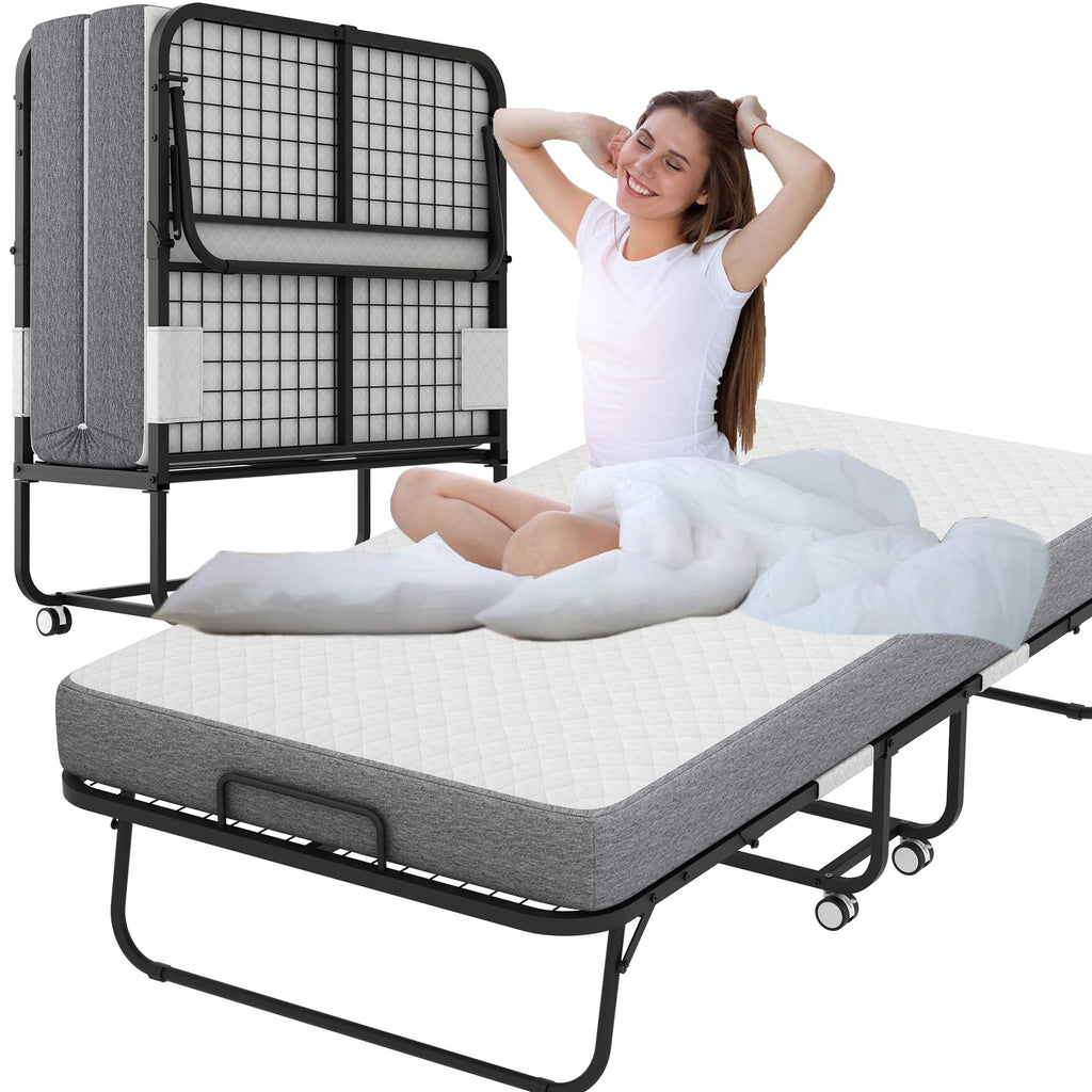Folding Bed with 5" Memory Foam Mattress Twin Size Metal Frame O55116