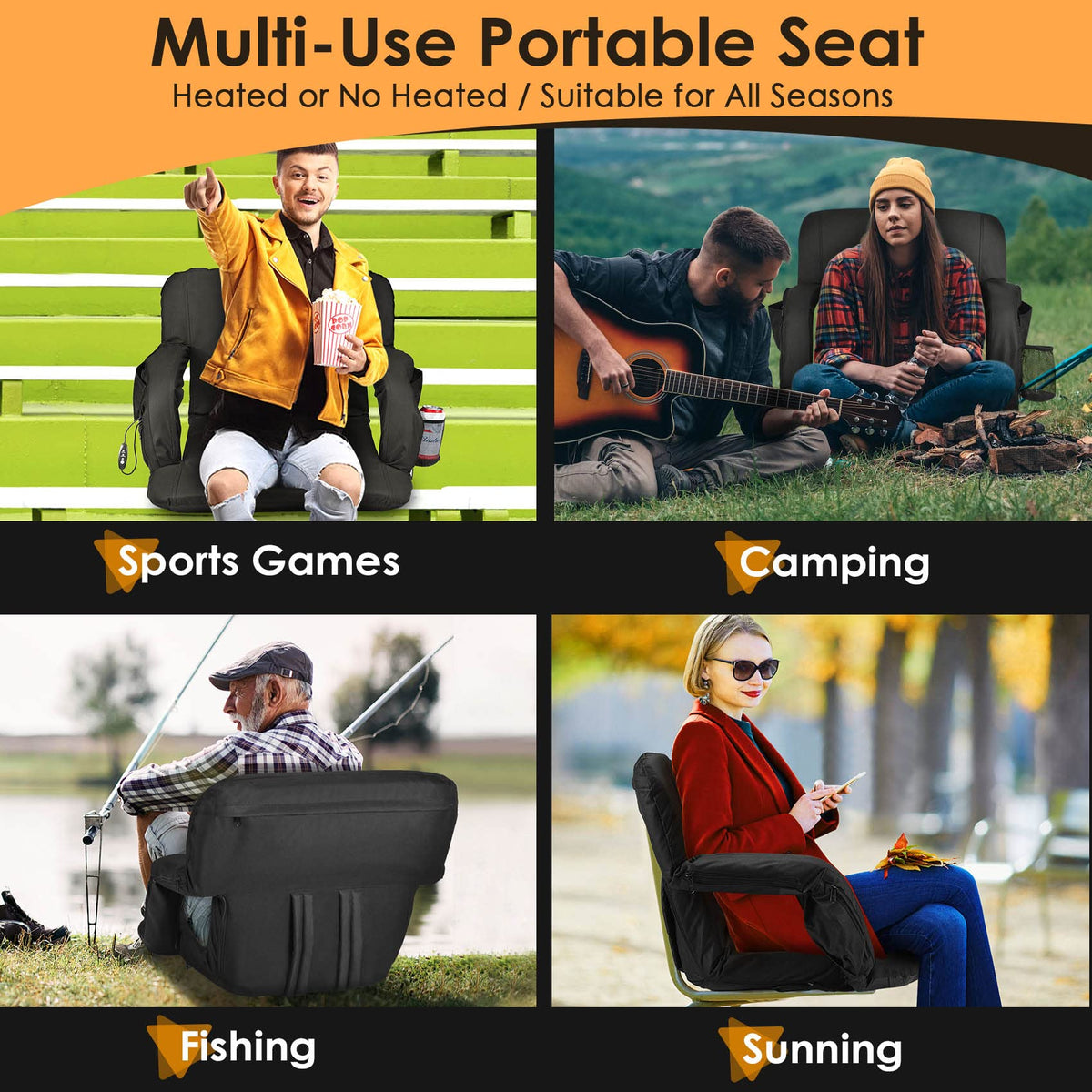 Heated Stadium Seats for Bleachers with Back Support, Black J34989