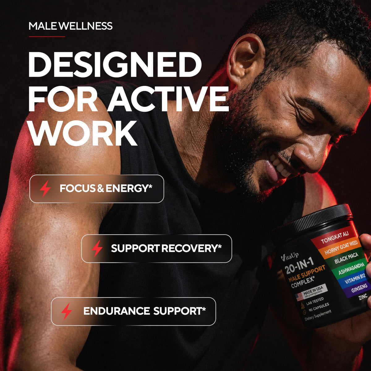 90 Vegan Caps Men Supplements with Tongkat Ali, Black Maca Root, Zinc, Vitamin B12 V8474