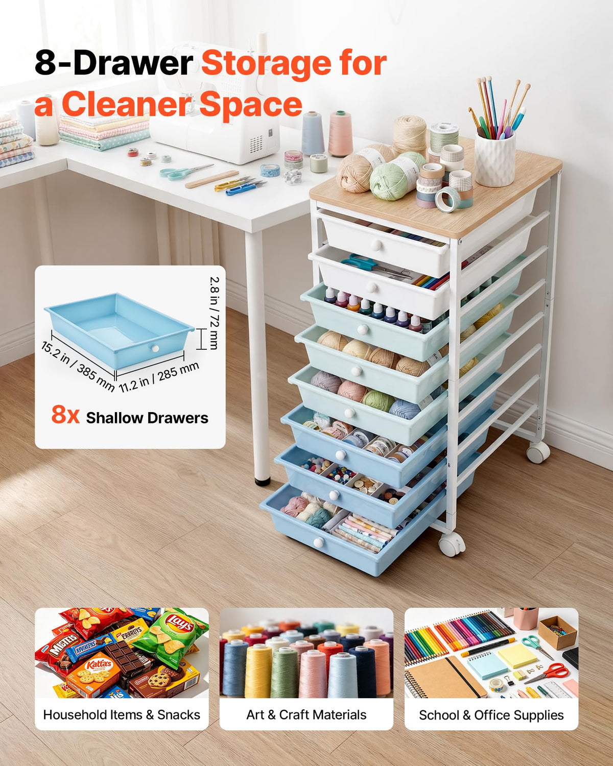 8 Drawer Rolling Storage Cart with Wood Top V6253