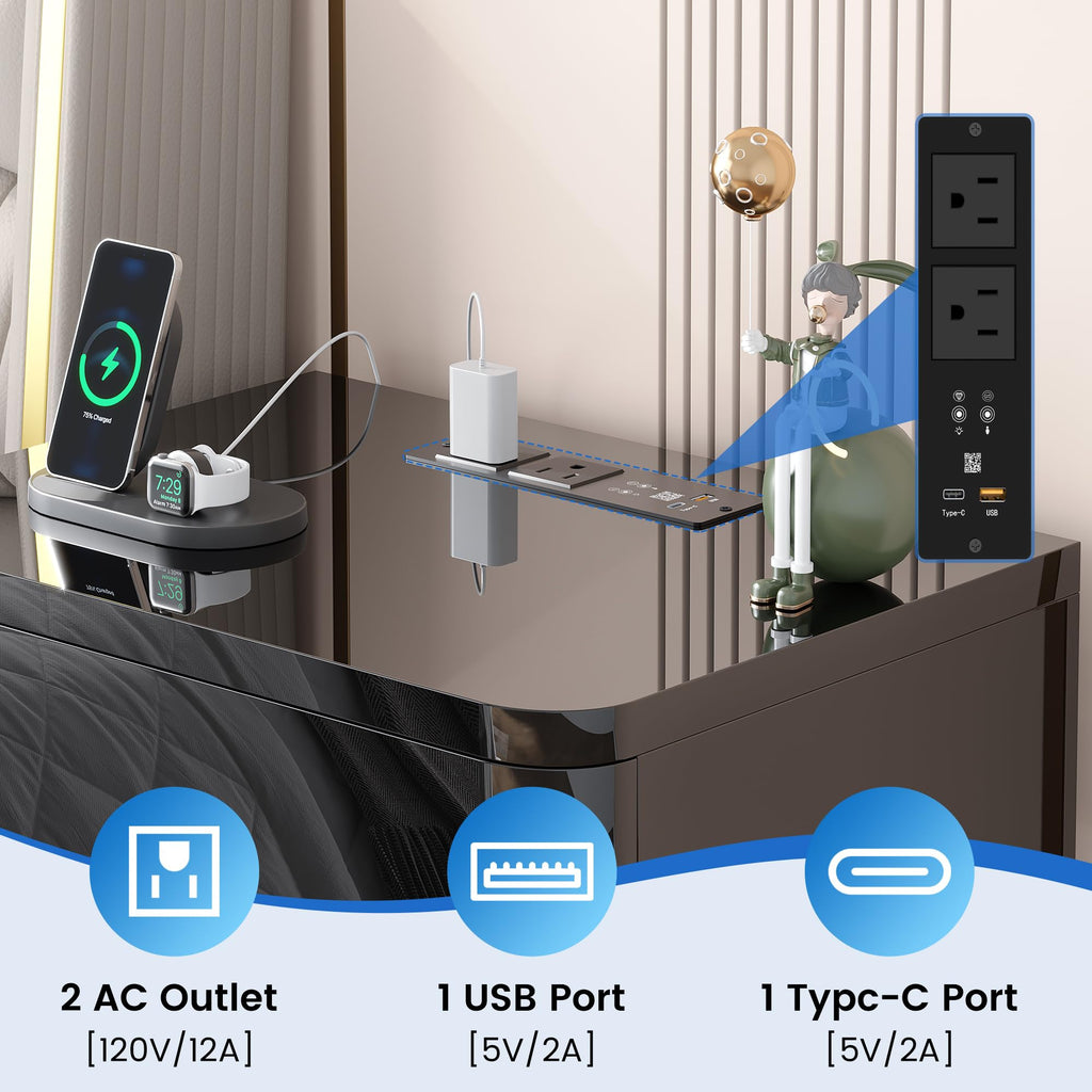 3-Drawer Nightstand with Charging Station & LED Lights Q9238