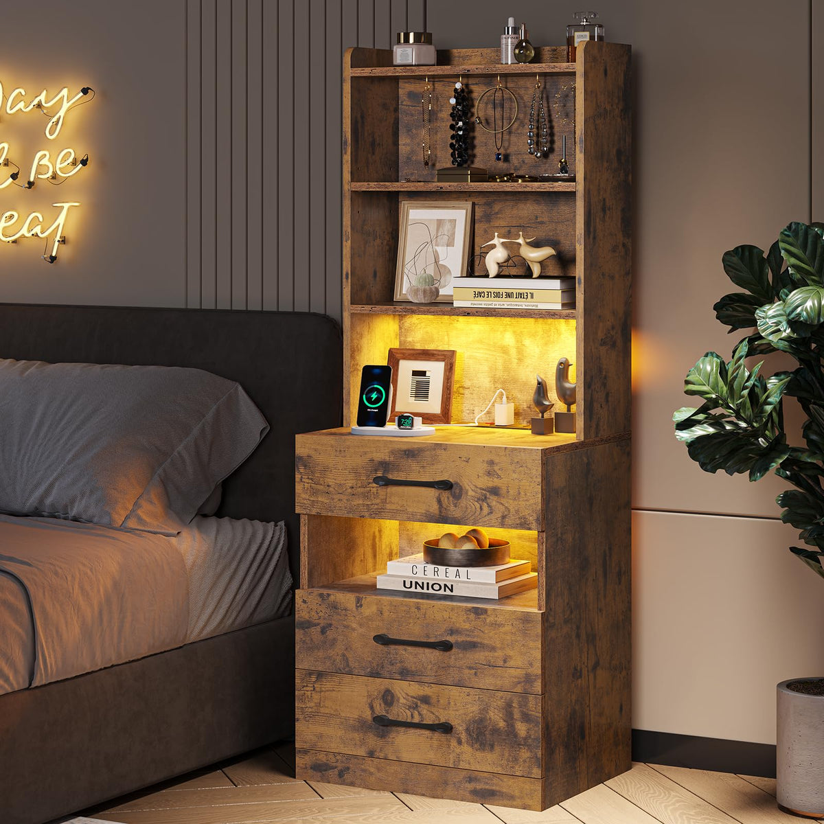 Rustic Brown Nightstand with Charging Station and LED Lights P25957