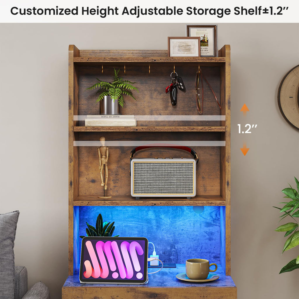 Rustic Brown Nightstand with Charging Station and LED Lights P25957