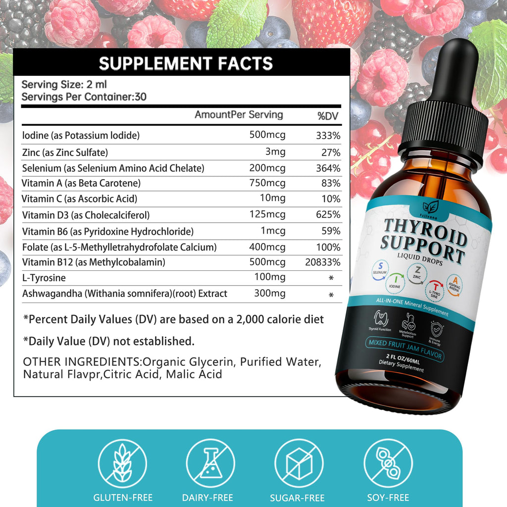 Liquid Thyroid Support Drops with Selenium Zinc Iodine L-Tyrosine Ashwagandha O9796
