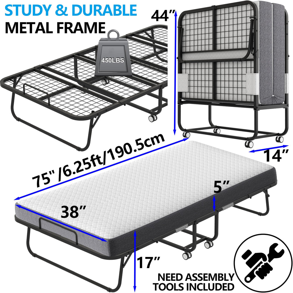 Folding Bed with 5" Memory Foam Mattress Twin Size Metal Frame O55116