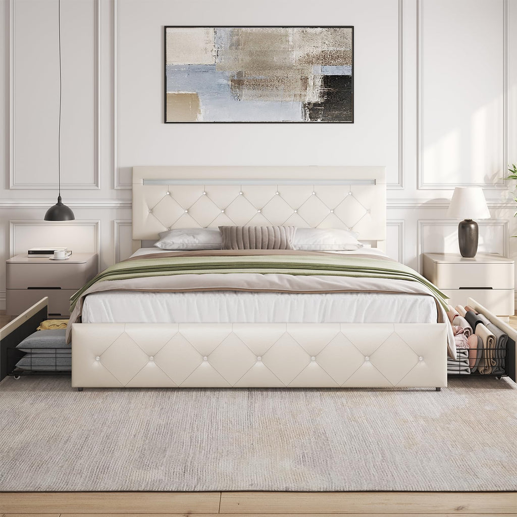 White Full Size Bed Frame with 4 Drawers and LED Light H392967