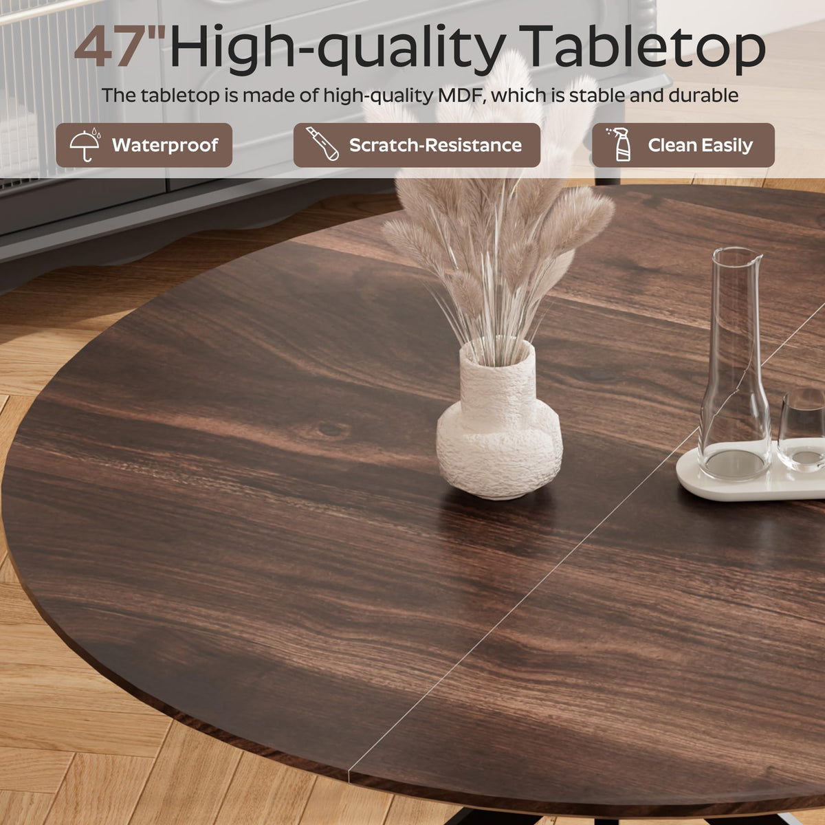 47" Walnut Round Dining Table Set for 4 with 4 Black Upholstered Chairs U710