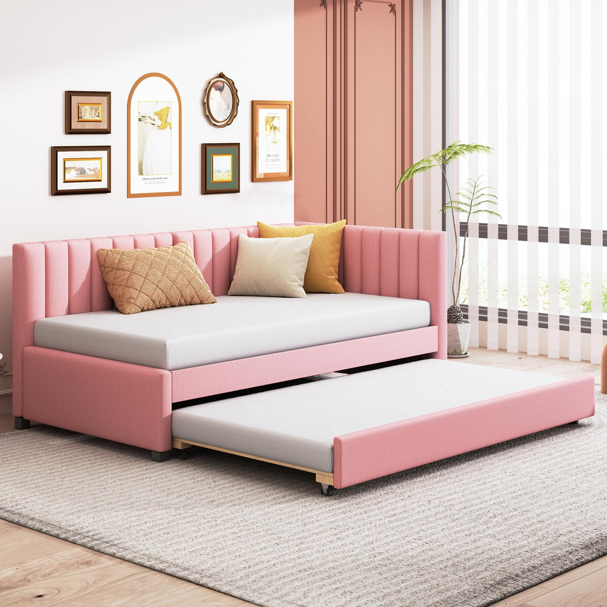 Twin Size Linen Upholstered Daybed with Trundle G961425