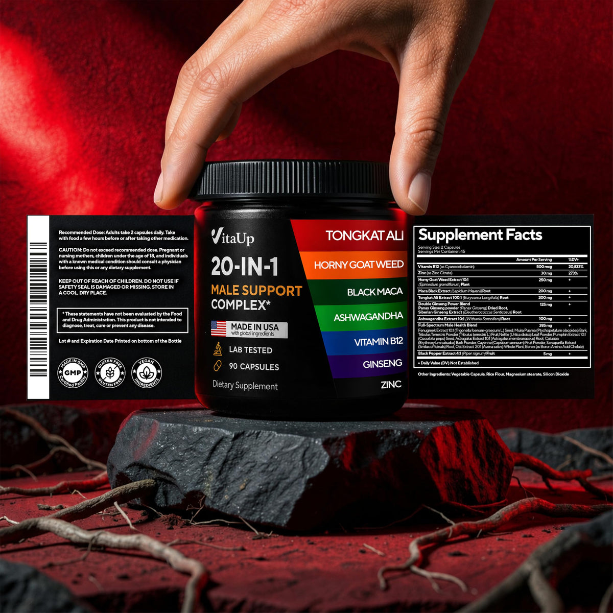 90 Vegan Caps Men Supplements with Tongkat Ali, Black Maca Root, Zinc, Vitamin B12 V8474