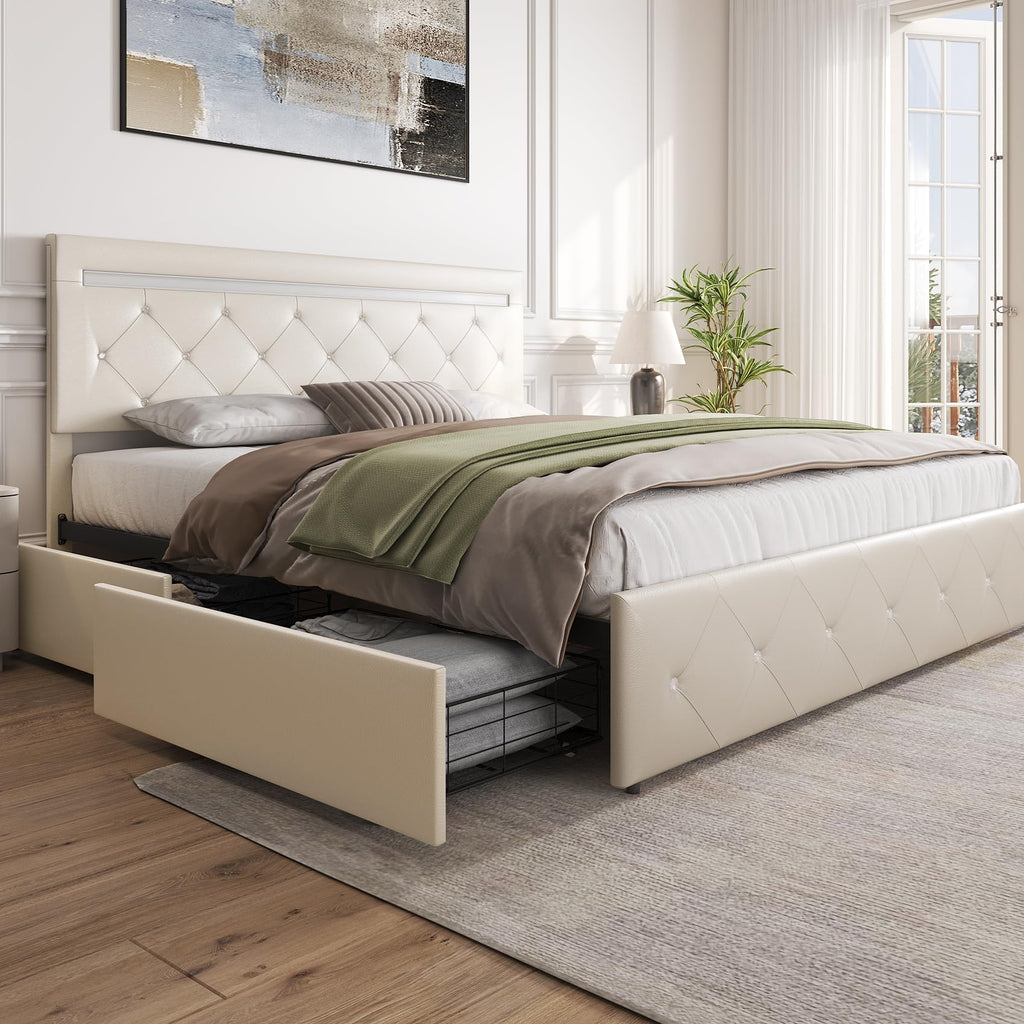 White Full Size Bed Frame with 4 Drawers and LED Light H392967