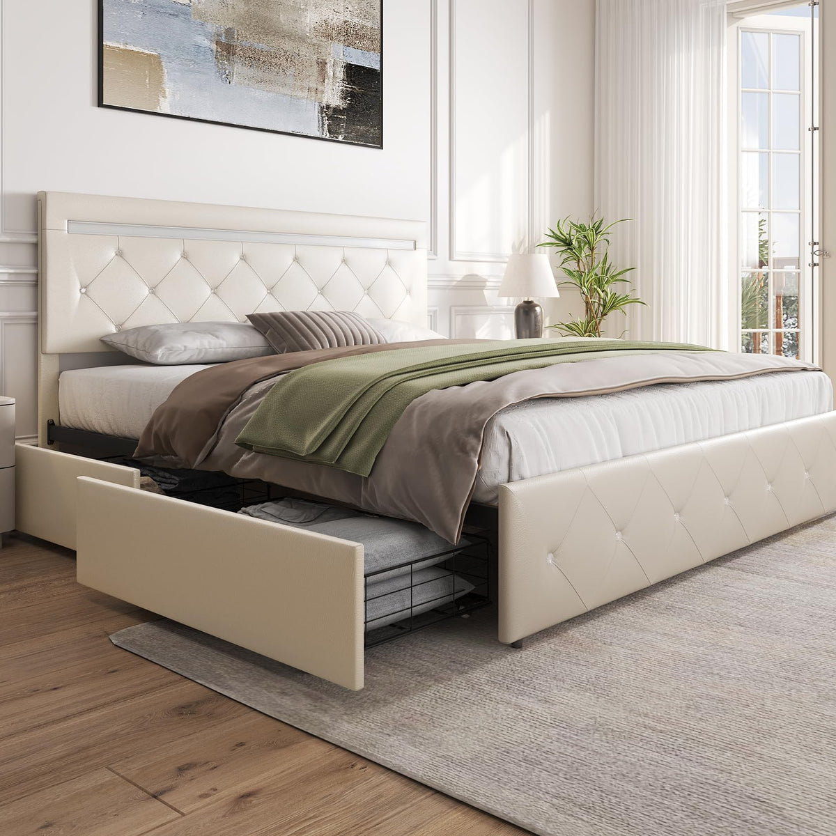 White Full Size Bed Frame with 4 Drawers and LED Light H392967