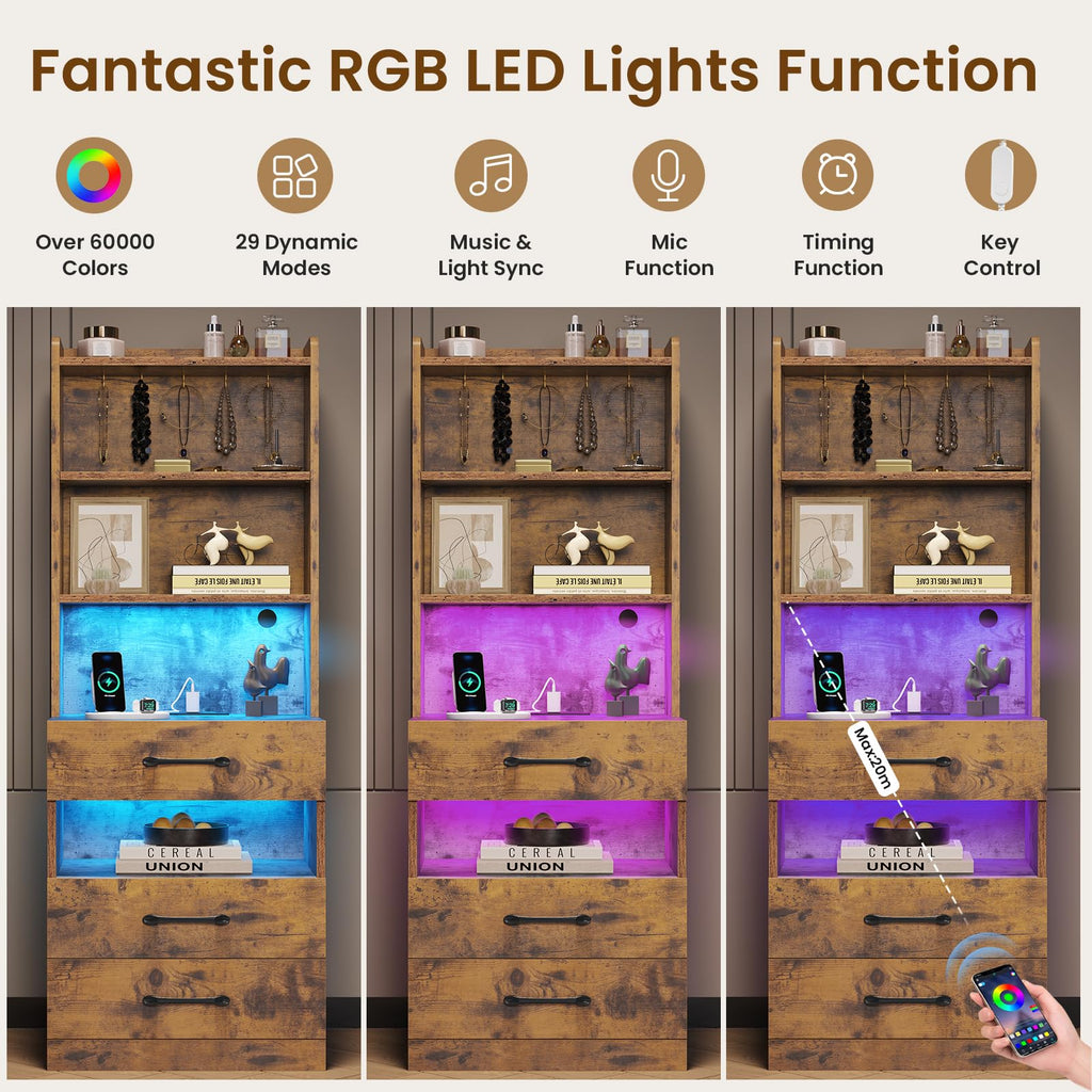 Rustic Brown Nightstand with Charging Station and LED Lights P25957