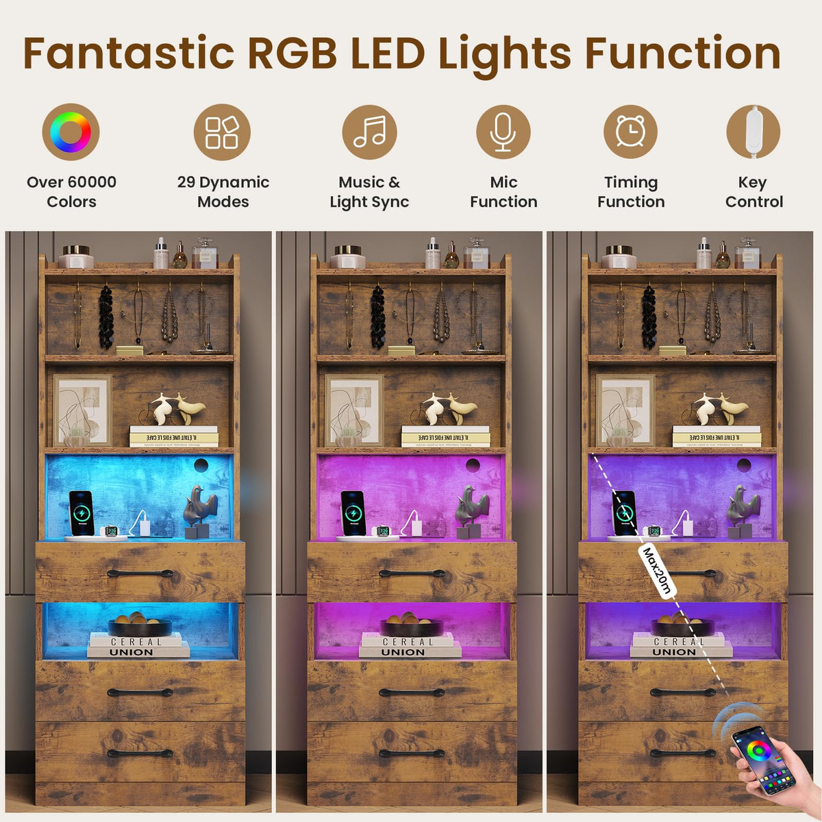 Rustic Brown Nightstand with Charging Station and LED Lights P25957