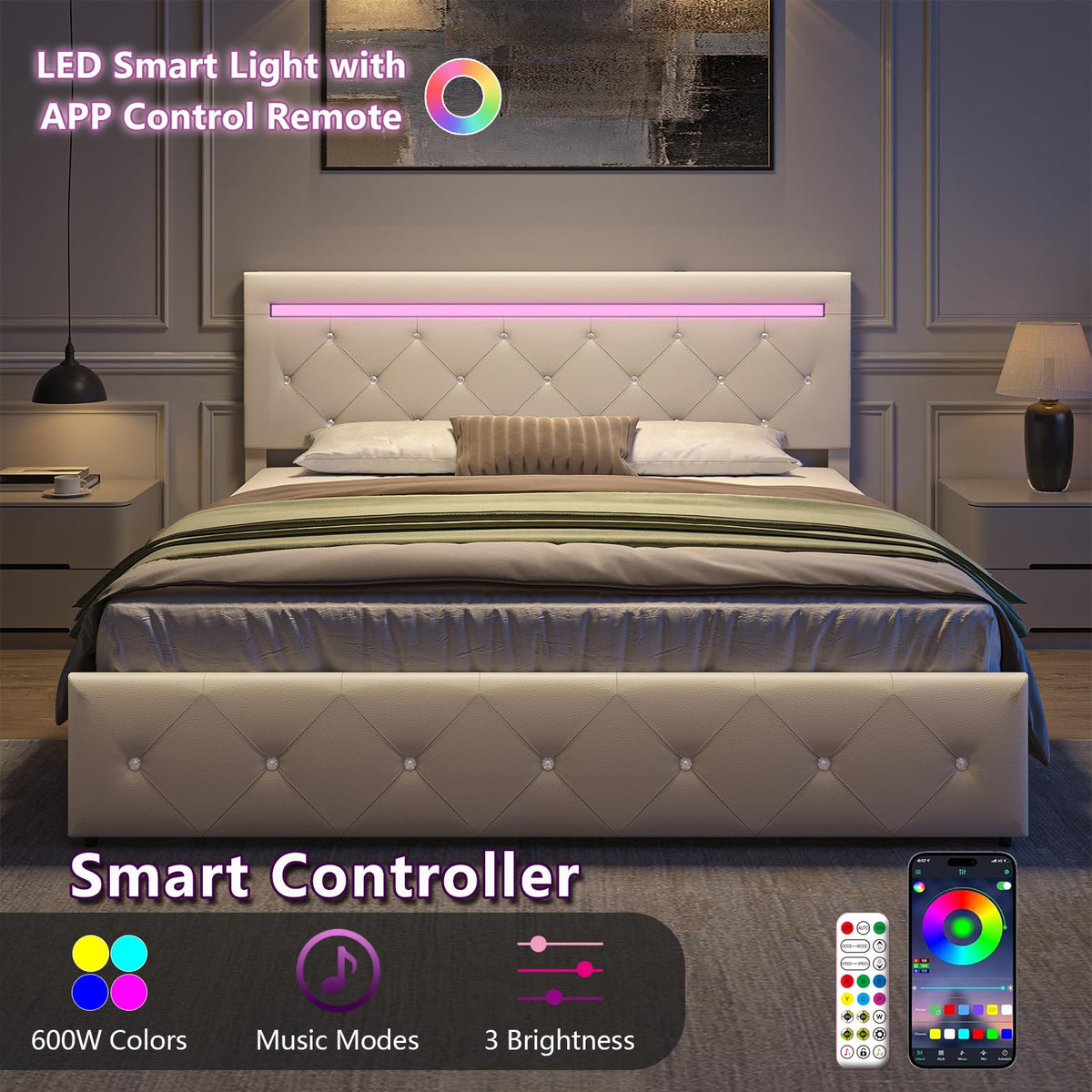 White Full Size Bed Frame with 4 Drawers and LED Light H392967