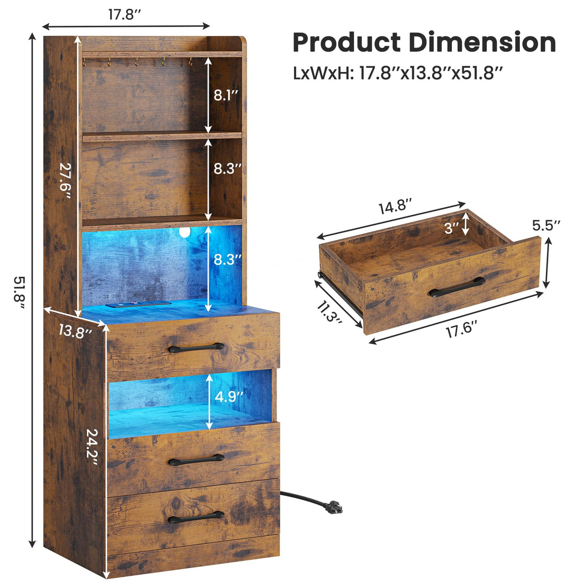 Rustic Brown Nightstand with Charging Station and LED Lights P25957