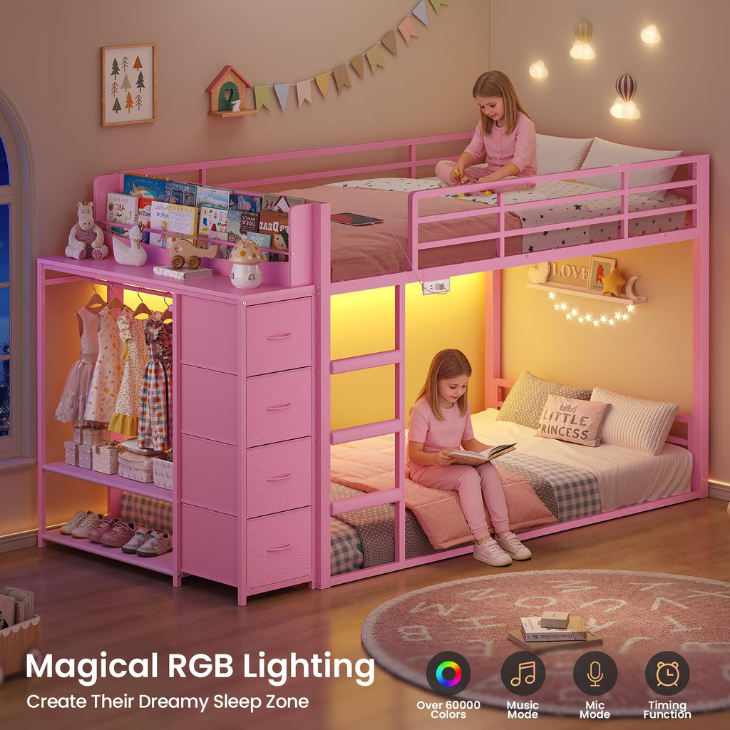 Pink Twin Over Twin Bunk Bed with Bookshelf & Storage Drawer C876