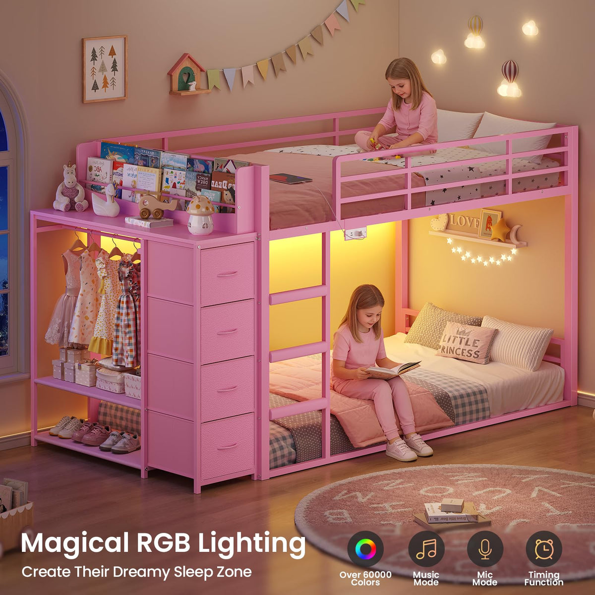 Pink Twin Over Twin Bunk Bed with Bookshelf & Storage Drawer C876
