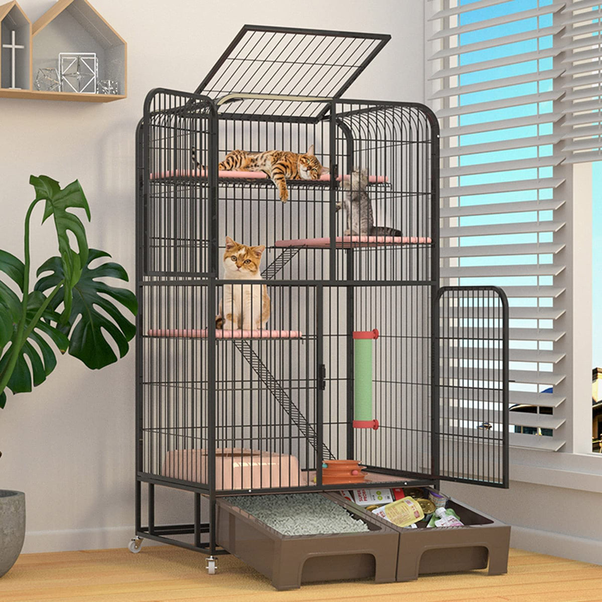 Black Four Layer Metal Cat Cage Dog Crate V73980