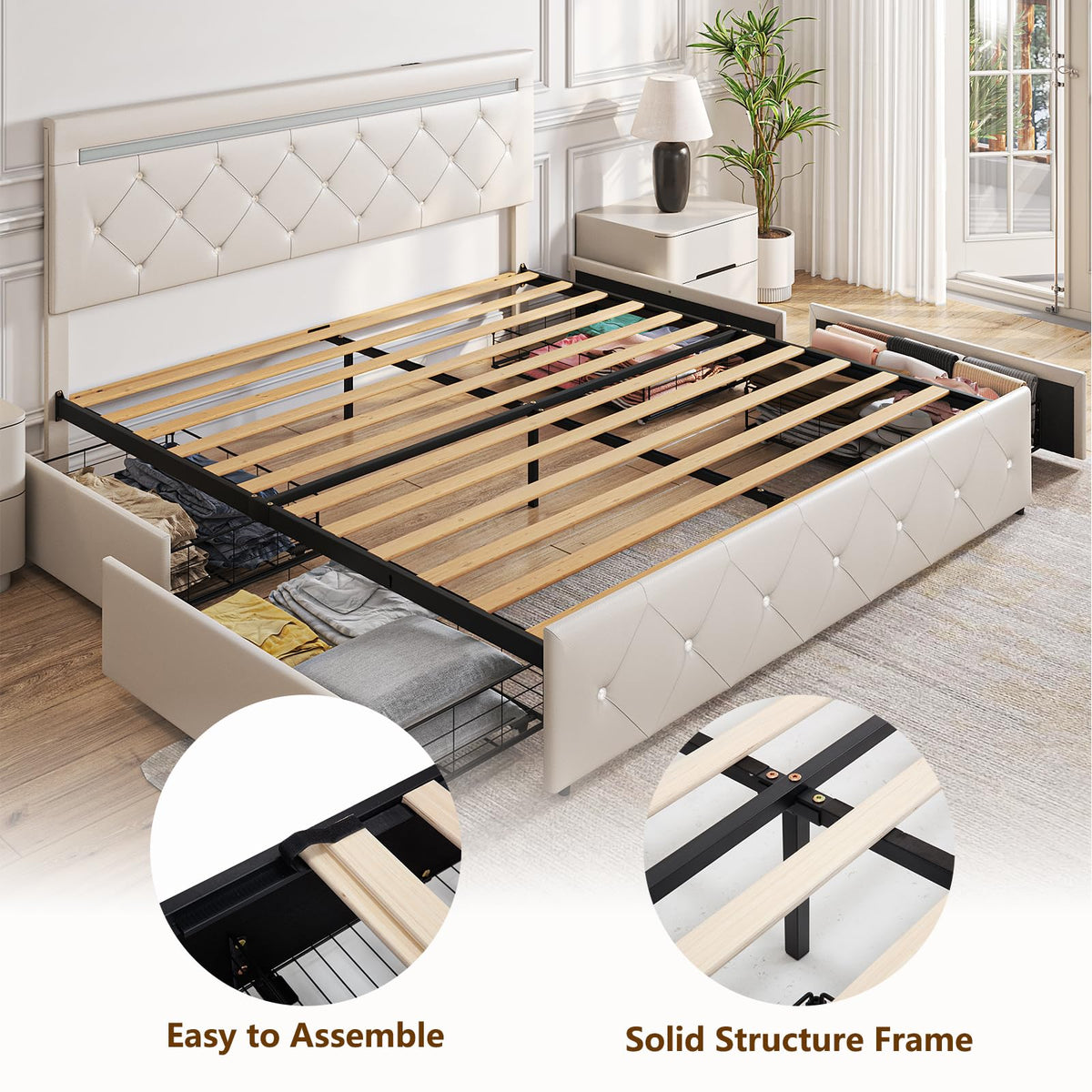 White Full Size Bed Frame with 4 Drawers and LED Light H392967