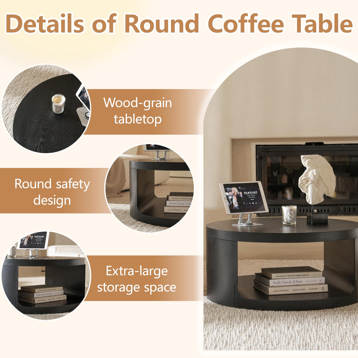 Black Round Coffee Table with Storage Q841