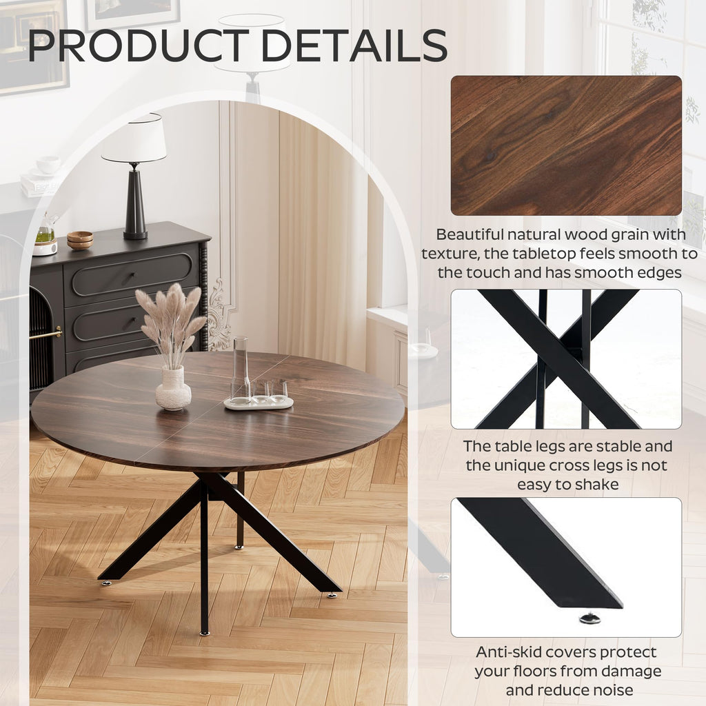 47" Walnut Round Dining Table Set for 4 with 4 Black Upholstered Chairs U710