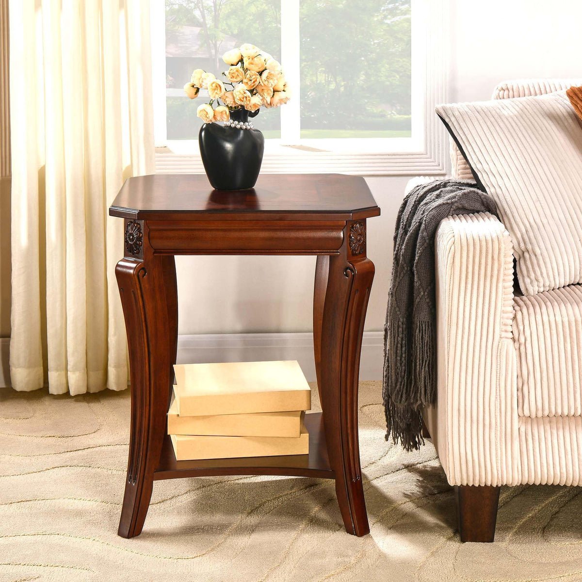Cherry Brown Side Table with Storage Shelf X484