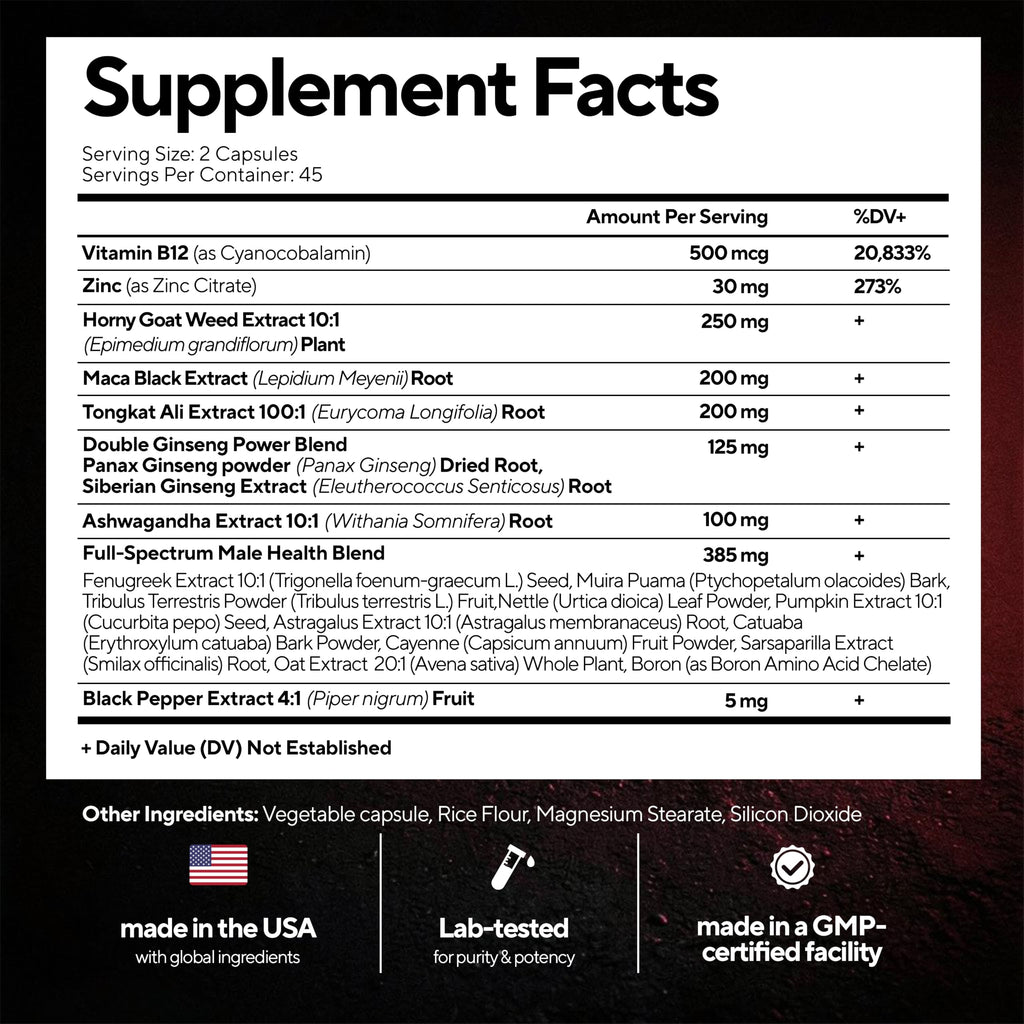 90 Vegan Caps Men Supplements with Tongkat Ali, Black Maca Root, Zinc, Vitamin B12 V8474